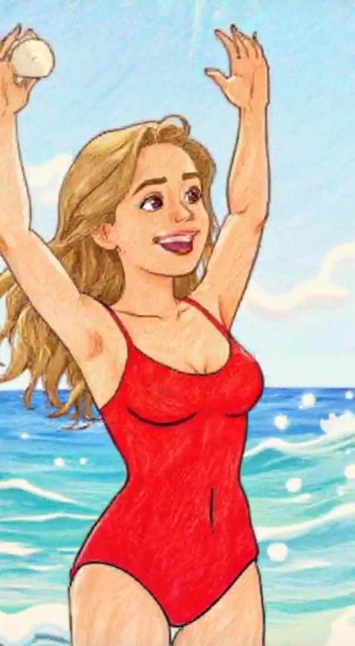 The woman joyfully lifts her arms as the waves gently crash onto the shore behind her.