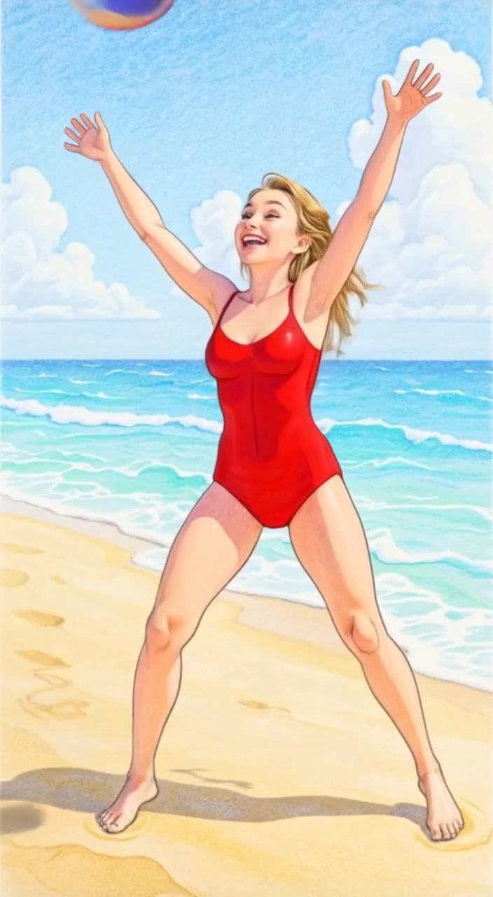 The boy tosses a colorful beach ball gently into the air under the bright sun at the sandy beach.