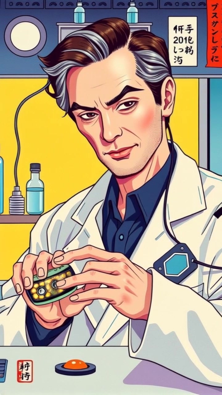Dr. Adrian Wells in a lab, activating a futuristic wristband with glowing lights.