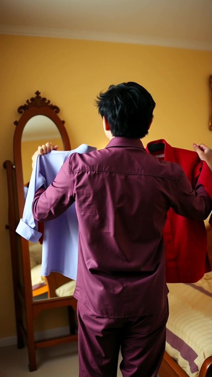Subject: Jimin holding two shirts and contemplating his choice in front of a mirror. Subject movement: He shifts slightly from side to side, examining both shirts. Scene: A well-lit, modern bedroom with soft pastel decor and cozy furnishings. Style: Bright, natural light illuminating the space, creating an inviting atmosphere. Motion: Camera subtly pushes in, capturing Jimin's thoughtful expressions as he considers the shirts, with reflections in the mirror adding depth.