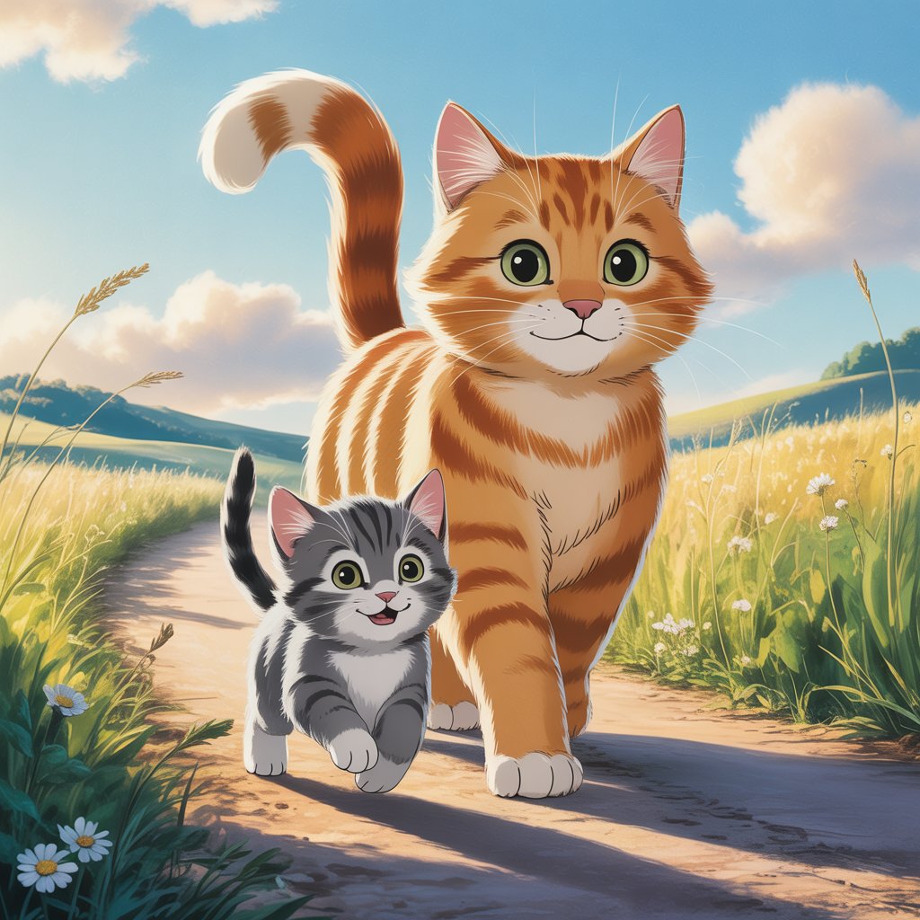 Sweat Cat and Kitten's Roadside Stroll