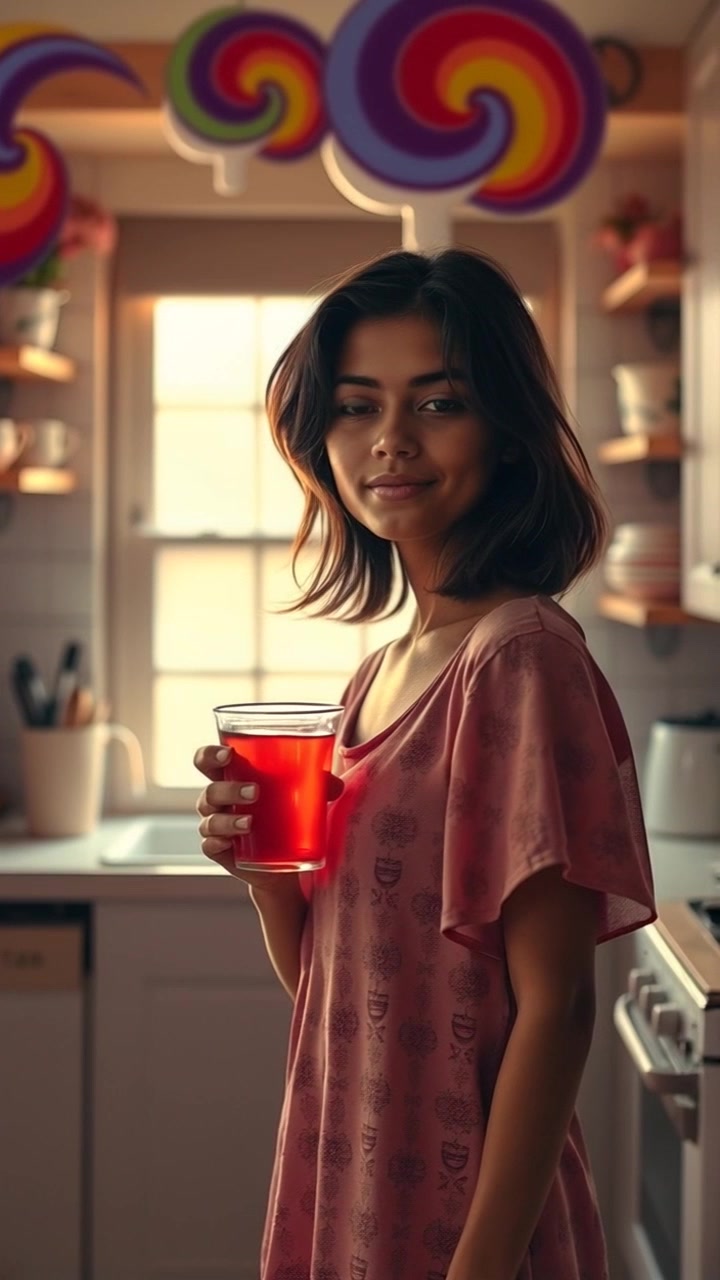Aili stands in a cozy kitchen, holding a cup of tea, sunlight streaming in through the window.