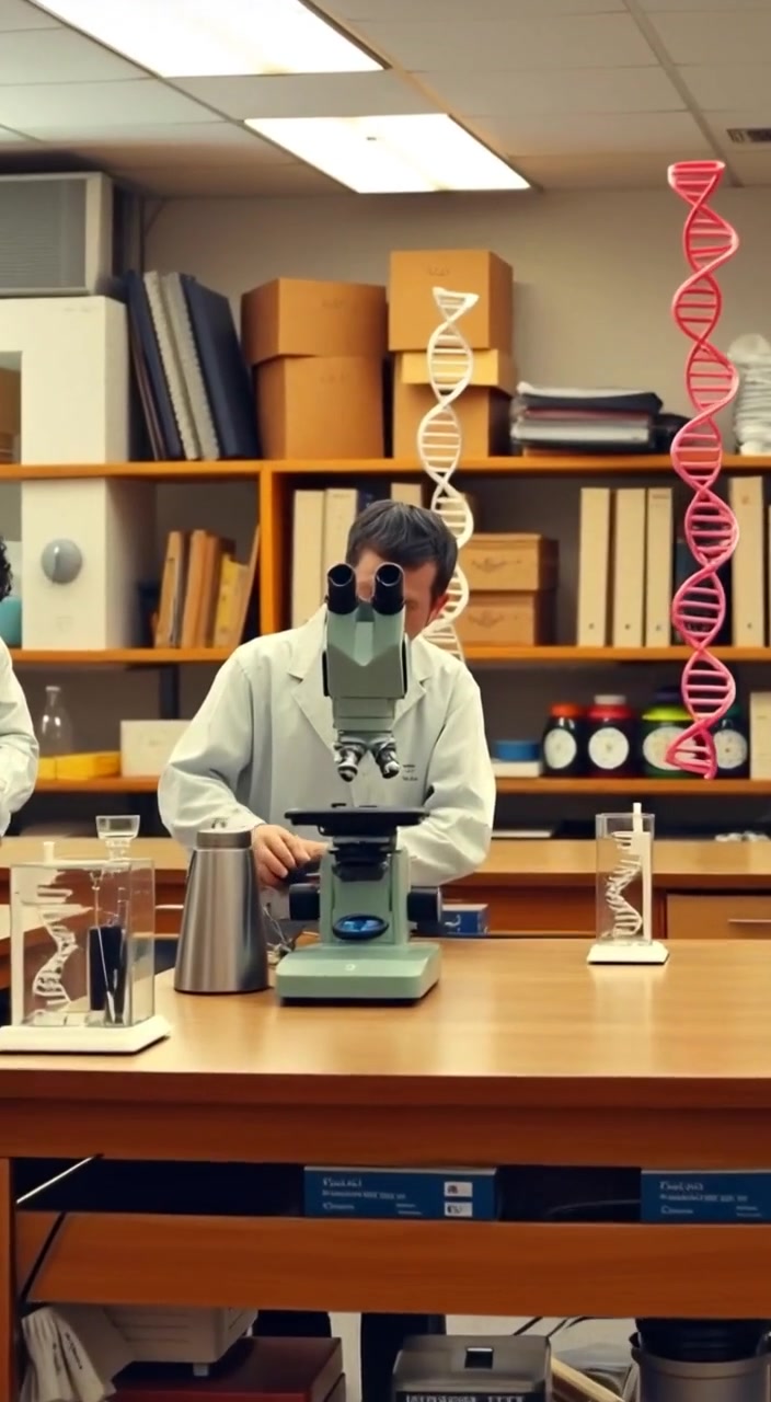 A scientist gently adjusts the focus on a microscope, surrounded by DNA models and various scientific instruments.
