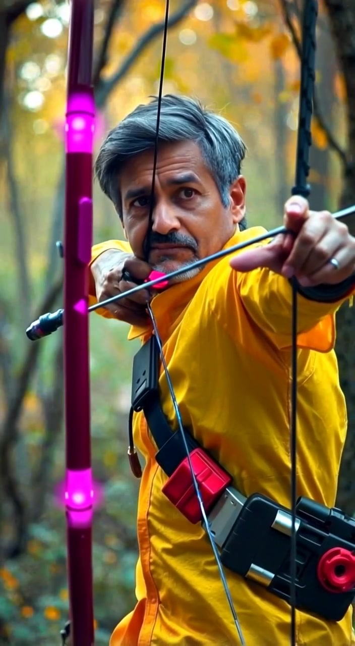 The hunter steadies their breath, drawing the bowstring back while focused on the distant target in the tranquil forest.