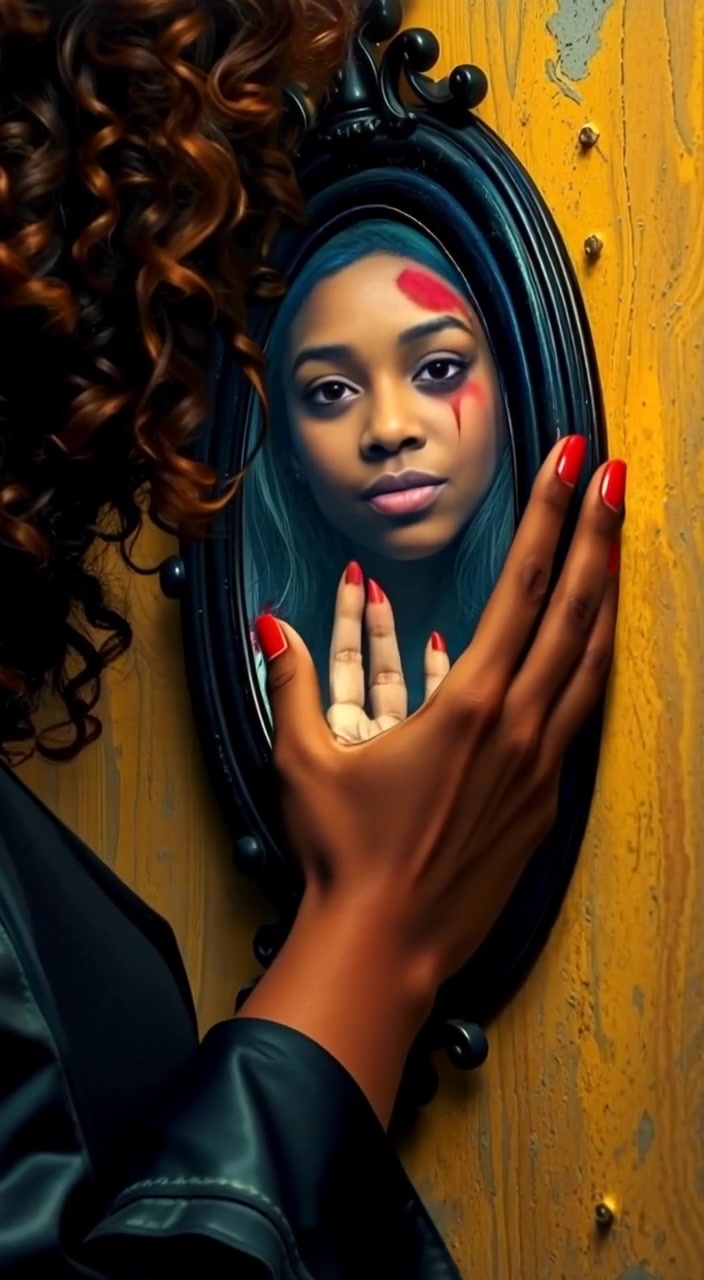 The woman's hand gently touches the dusty old mirror, revealing a reflection filled with swirling shadows and light.