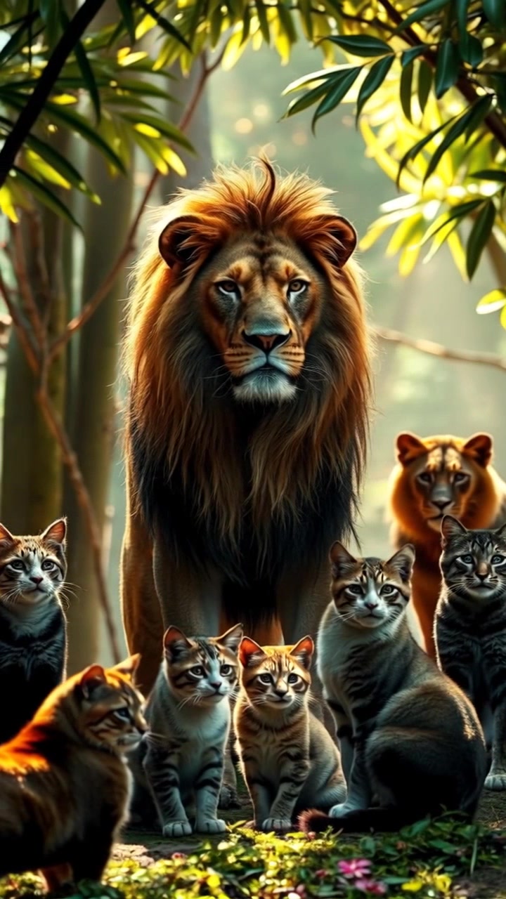 Leo surrounded by a group of stern-looking trainer lions in a sunlit clearing.