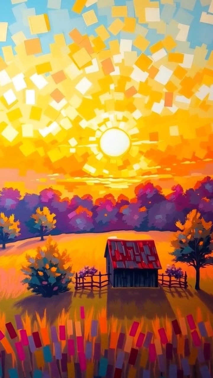 Scene: A picturesque rustic countryside setting featuring a charming small farmhouse in the foreground and a vibrant sunset sky casting warm hues over the landscape. Style: Sunset lighting envelops the scene in rich oranges and purples, creating a serene atmosphere. Motion: The camera gently glides over the farmhouse, smoothly transitioning to capture the expansive countryside, while the sun slowly dips below the horizon, enhancing the tranquil ambiance.