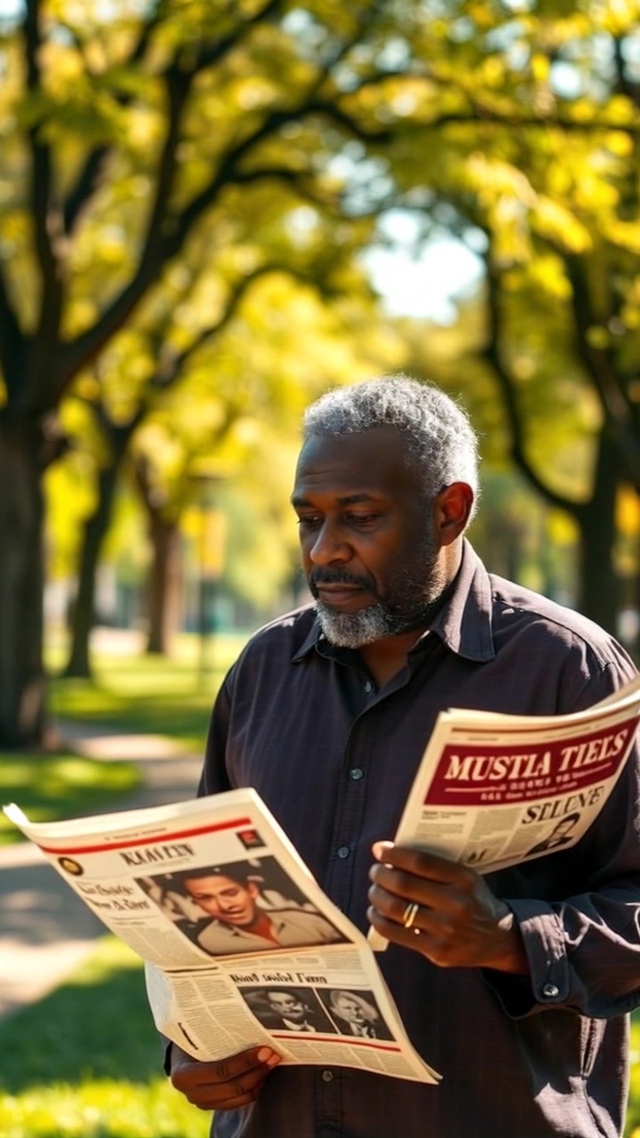 Subject: Aidir, standing in a sunlit park. Subject movement: Aidir gazes thoughtfully at the newspaper, occasionally shifting his weight from one foot to another. Scene: A bright and inviting park setting with lush greenery and softly swaying trees. Style: Warm morning light filtering through the leaves, creating a dappled effect on the grass. Motion: The camera performs a gentle push-in, capturing Aidir's expression of contemplation, with the vibrant park background slowly coming into focus.