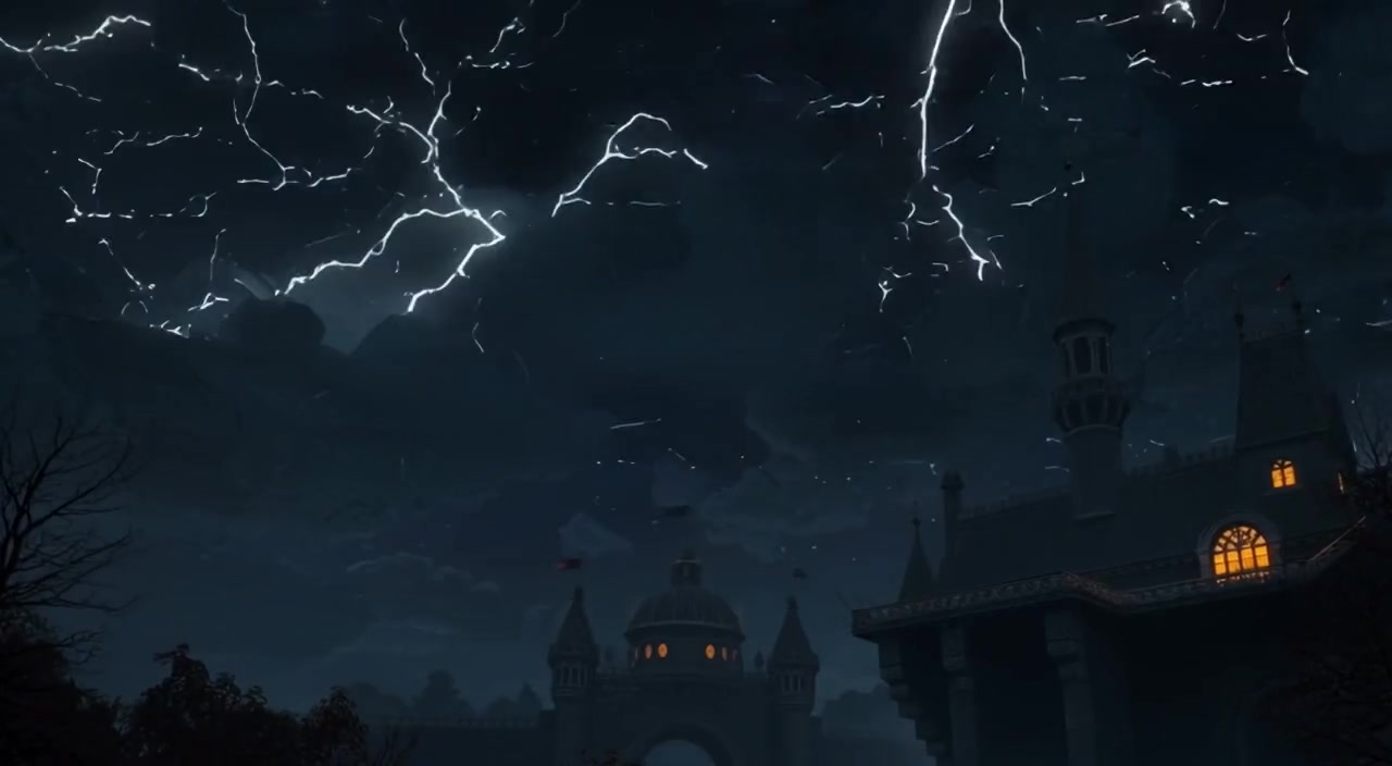 Lightning strikes illuminate dark storm clouds above a mystical fairy world, creating a dramatic and enchanting atmosphere.
