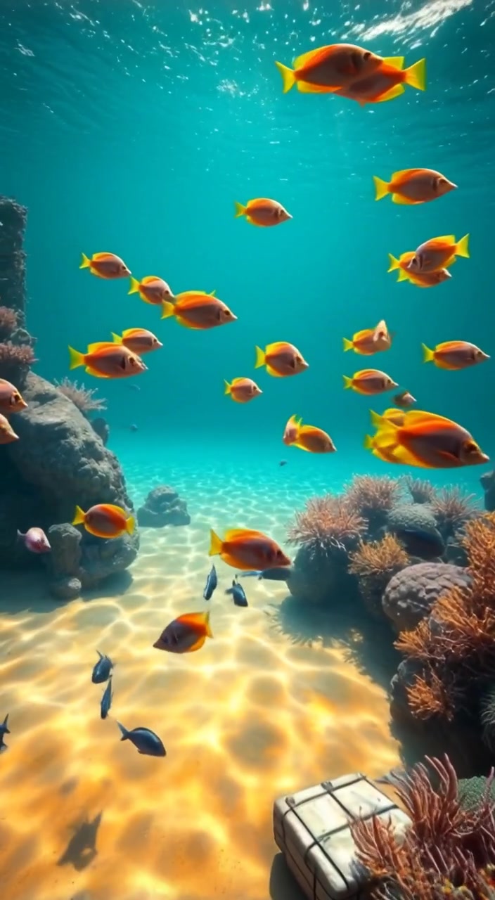 Schools of colorful fish gracefully swim through vibrant coral reefs in a serene tropical underwater scene.