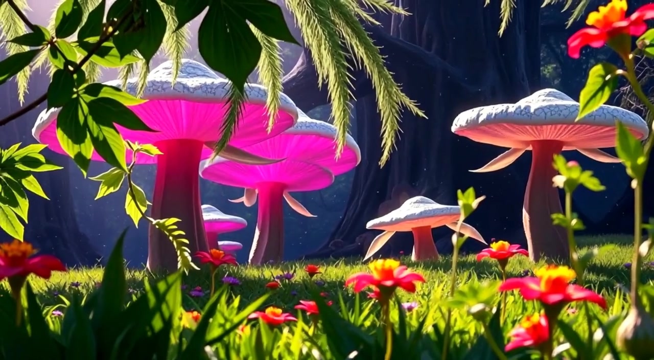 Sunlight gently filters through leaves, creating a dappled effect on the vibrant flowers in the lush green clearing.