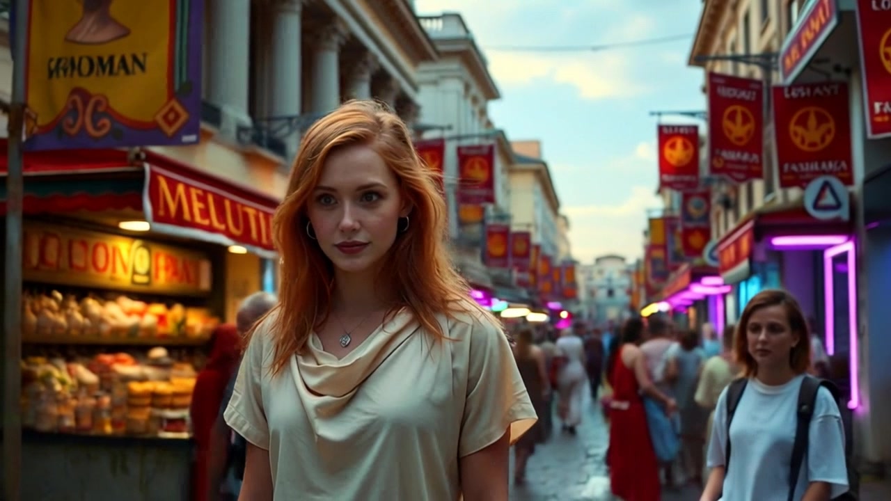 Scene: A bustling ancient Roman street filled with vendors selling goods, colorful banners billowing in the breeze, and people dressed in togas interacting and moving about. Style: Warm afternoon light illuminating the cobblestone path, creating a vibrant and lively atmosphere. Motion: The camera glides smoothly along the street, capturing the energy of the marketplace as it flows between stalls, showcasing the vivid colors and lively interactions.
