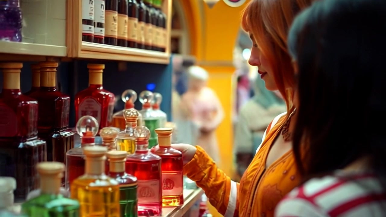 Scene: A bustling market stall filled with vibrant bottles of colored perfumes, surrounded by a lively crowd of shoppers. Style: Bright daylight illuminating the array of fragrances, casting playful reflections on the glass surfaces. Motion: The camera performs a dynamic handheld tracking shot, weaving through the market to focus on the details of the perfume bottles and the Roman woman curiously browsing the selection.