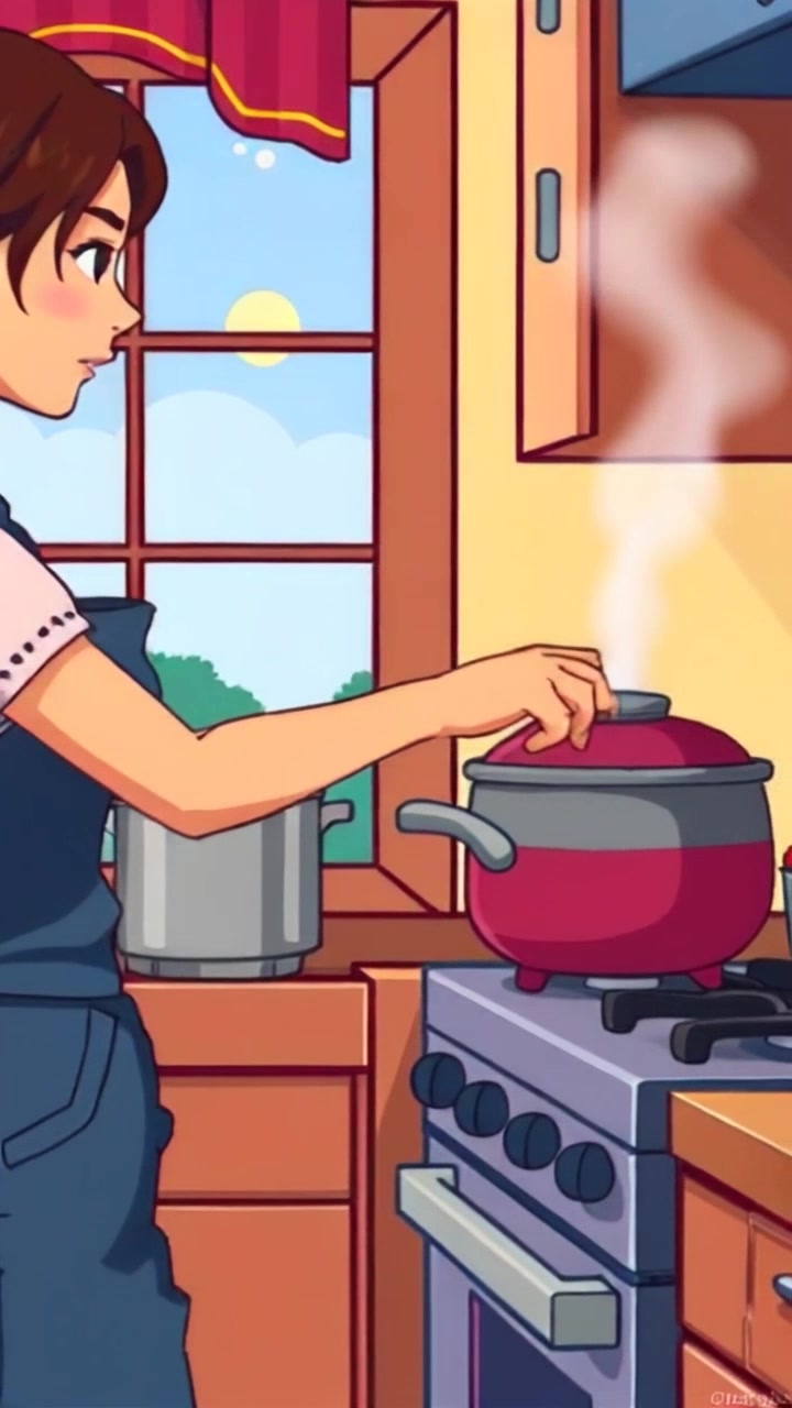 Subject: A woman named Mandi stands in a cozy kitchen, stirring a pot of food while glancing out the window. Scene: Warm, inviting kitchen with natural light streaming through the window, surrounded by homey decorations and a delightful array of cooking ingredients on the counter. Motion: Camera gently pushes in for a closeup on Mandi's focused expression and the pot, capturing the steam rising, before a smooth pullback reveals the inviting warmth of the entire kitchen.
