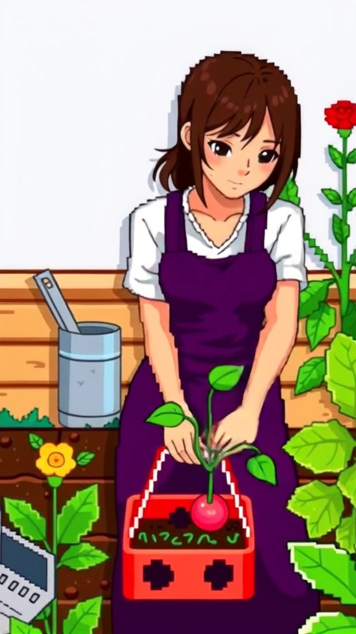 Subject: A determined gardener carefully tending to vibrant vegetables in a small garden. Subject movement: The gardener kneels, pulling weeds while methodically planting seeds, showcasing a focused dedication to the task. Scene: A lush, intimate garden filled with colorful vegetables under the sunlight. Style: Morning light casting soft, warm glows enhancing the colors of the plants. Motion: The camera moves in softly, tracking the gardener's actions from a low angle, capturing the intricate details of the soil and plants as they work.