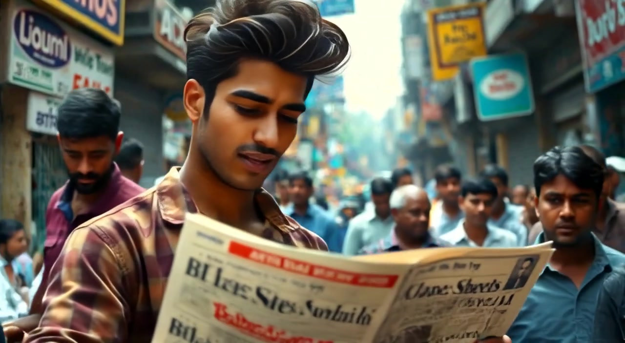 People animatedly discussing headlines while reading newspapers on a bustling street in India, surrounded by the vibrant atmosphere.