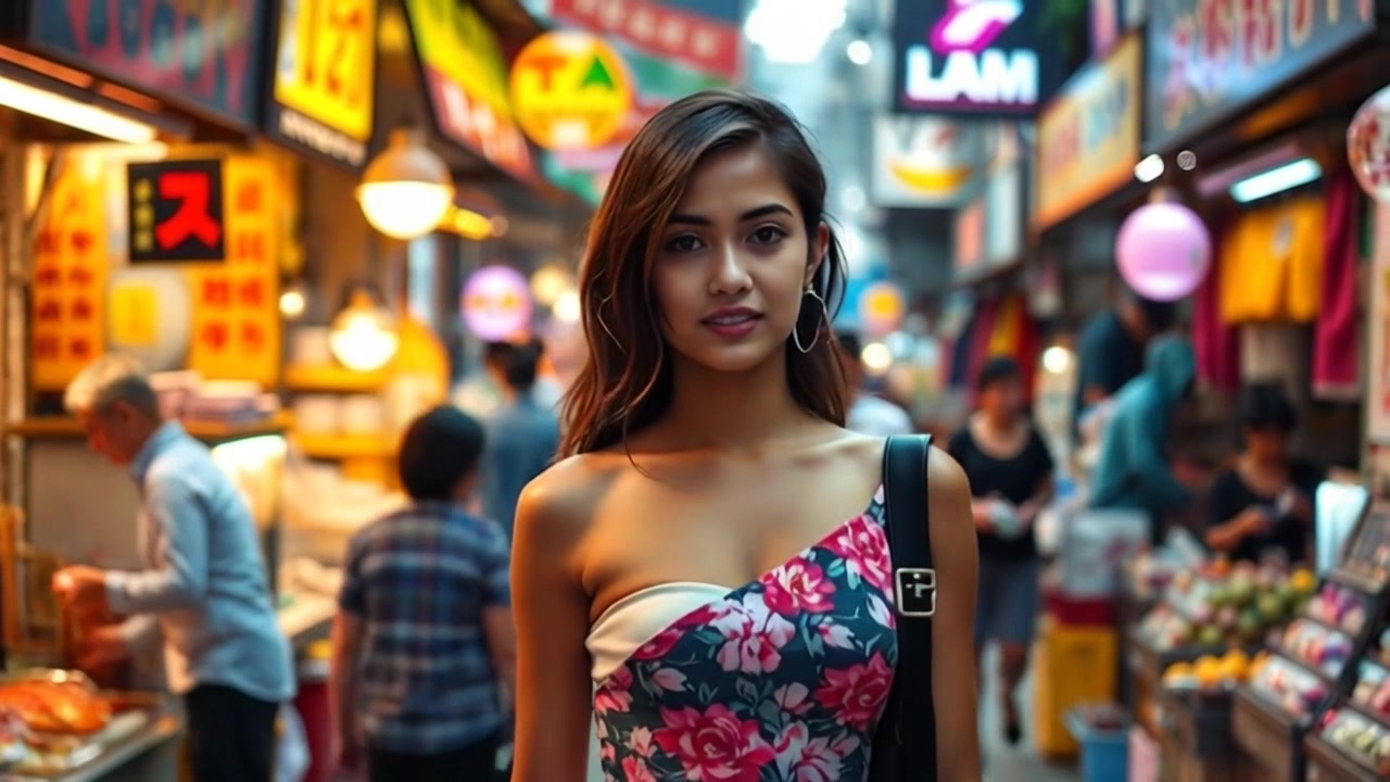 A girl in a floral dress walking down a busy market street filled with colorful stalls.