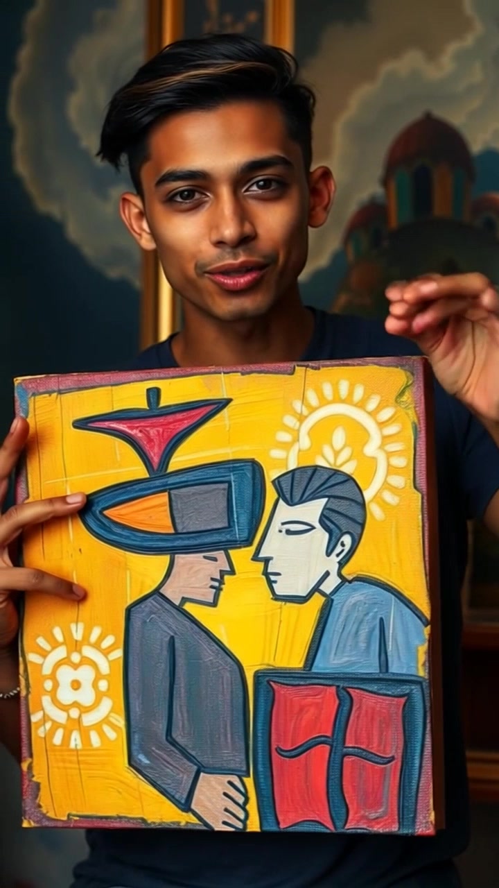 Subject: Picasso gesturing dramatically, showcasing a beautiful piece of art. Subject movement: Picasso moves expressively, his hands sweeping through the air as he engages viewers with his artwork. Scene: An artist's studio filled with vibrant colors and canvases, with warm, inviting light filtering through large windows. Motion: The camera performs a dynamic push-in towards Picasso, capturing his passion and energy as he presents the art, while the surroundings slightly blur in a bokeh effect.