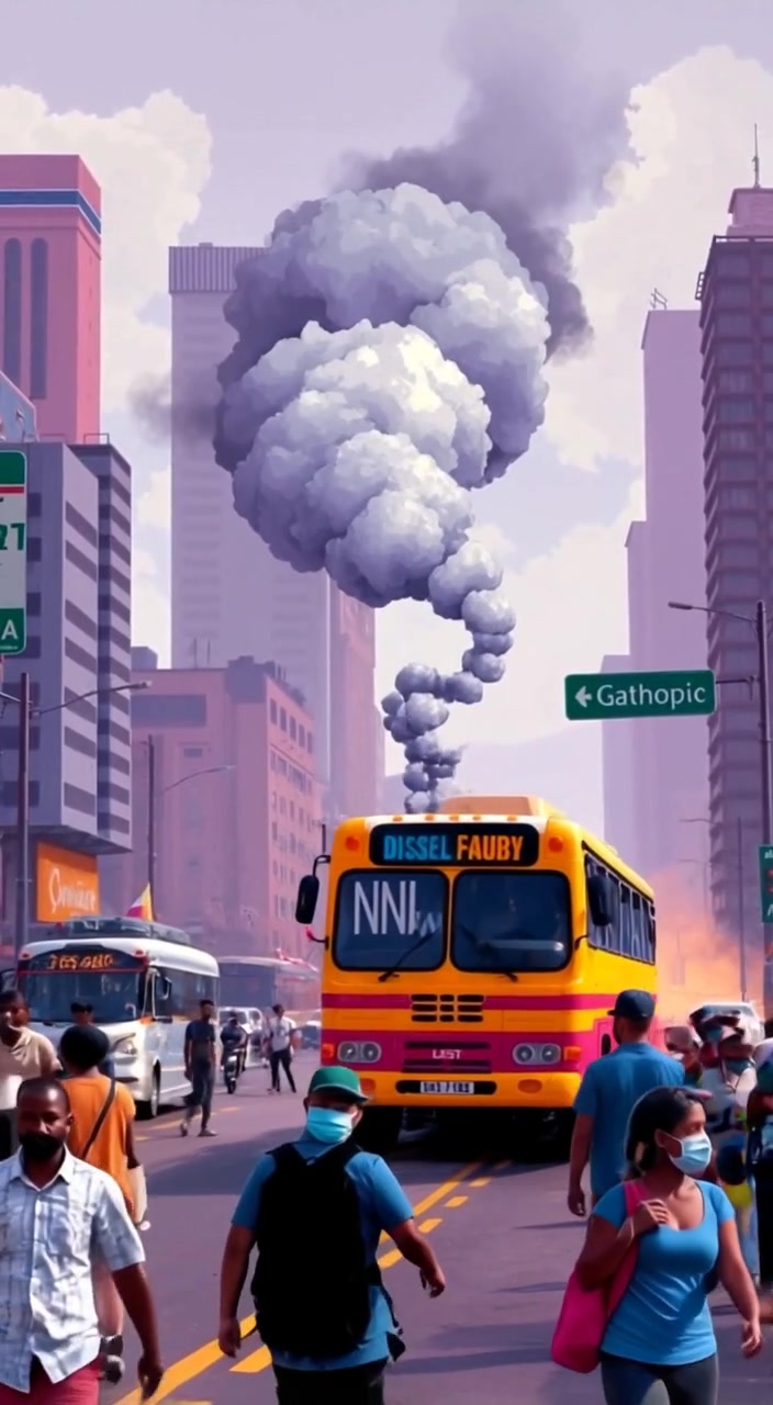 Pedestrians stroll past a bus, gently waving their hands as diesel fumes drift in the busy market.