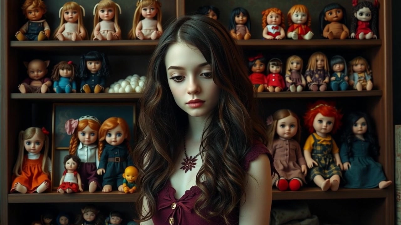 Mia, an 8-year-old girl, stands in front of a shelf full of various dolls in different sizes. Slowly zoom in on Mia's curious expression as she reaches out to touch a doll. Soft, warm lighting illuminates the scene creating a cozy atmosphere.