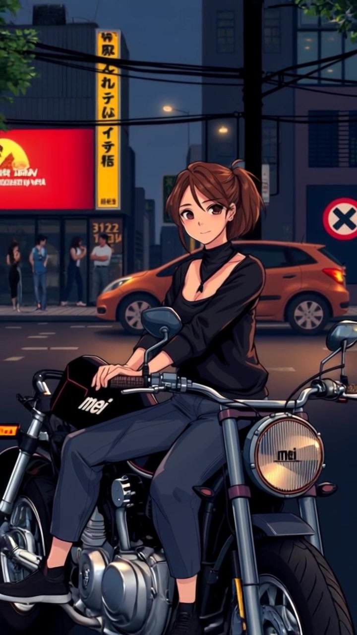 Subject: A woman in casual clothes, smiling confidently while sitting on a motorcycle. Subject movement: She revs the engine slightly, showcasing the power of the bike. Scene: A vibrant city street bustling with activity in the background, lined with modern buildings and trees. Style: Bright afternoon light casting dynamic shadows, enhancing the lively urban atmosphere. Motion: The camera begins with a close-up on her excited expression, then pulls back to reveal the full scene as she prepares to ride off, capturing her sense of adventure.