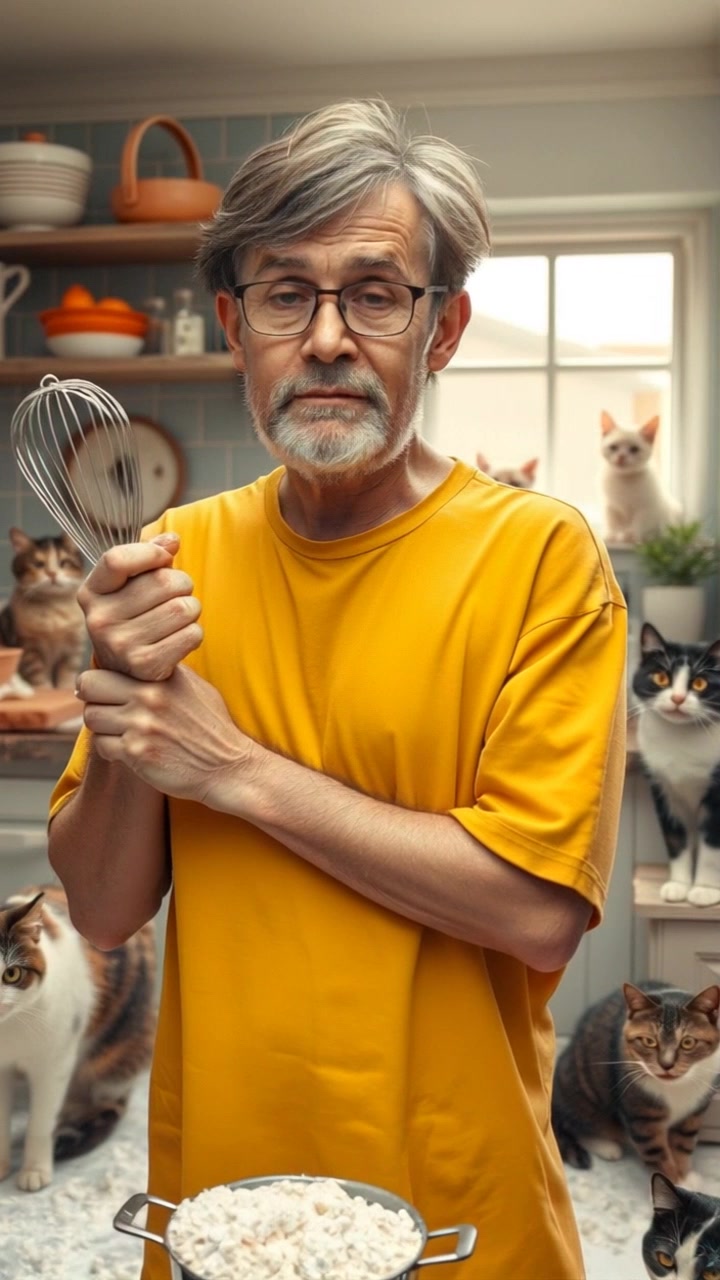 Subject: Fred, with messy apron and flour-covered hands, looking bewildered while holding a whisk in a cluttered kitchen. Subject Movement: Fred shifts his weight from one foot to the other, glancing around in confusion. Scene: A chaotic kitchen with scattered utensils and ingredients, emphasizing the messy environment. Camera Language: Slowly push in towards Fred's face, capturing his expression of bewilderment in a close-up shot. Lighting: Soft, warm kitchen lighting creates a cozy and inviting atmosphere amidst the mess.
