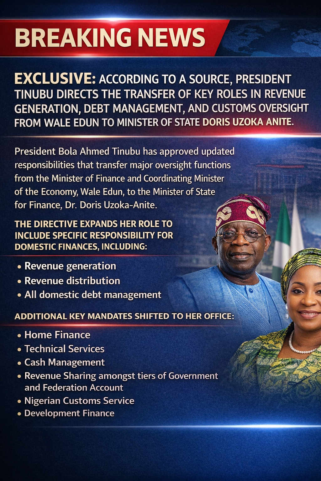 President Tinubu Transfers Key Financial Oversight Roles to Minister Doris Uzoka Anite