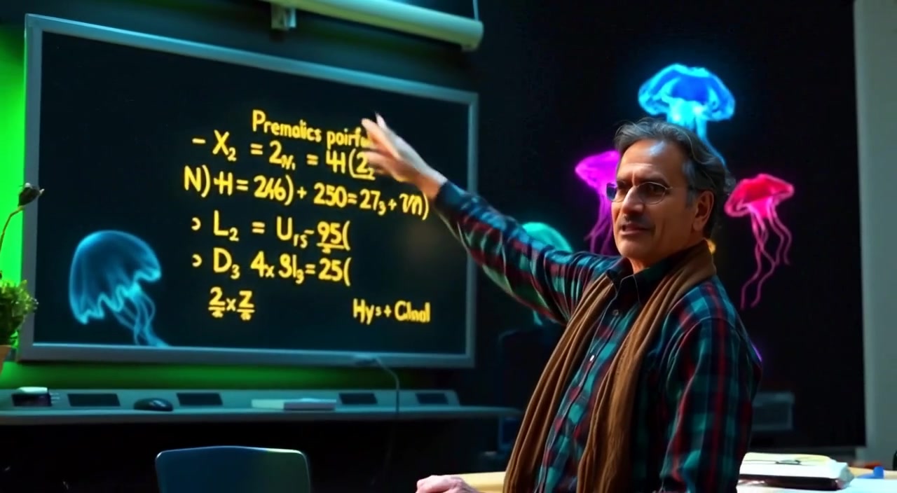 The teacher gestures towards the blackboard while students attentively take notes at their desks.