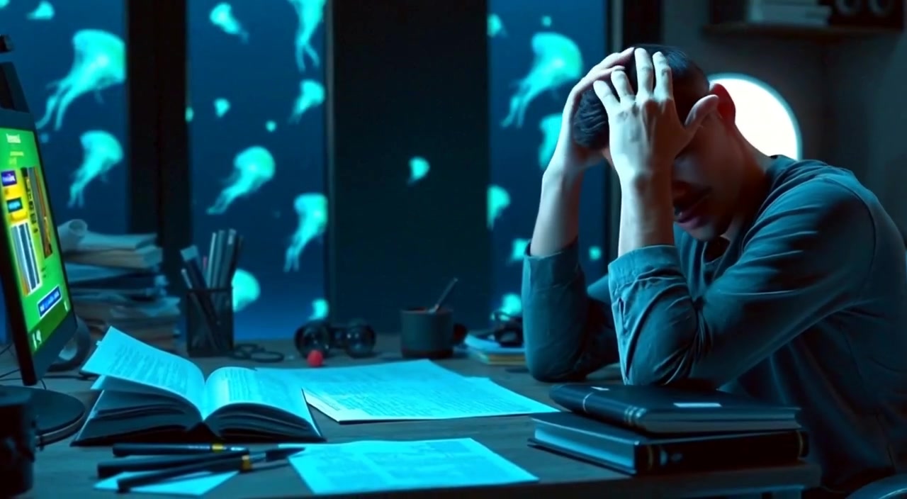 The man rubs his temples while glancing at scattered notes and books on the desk in frustration.
