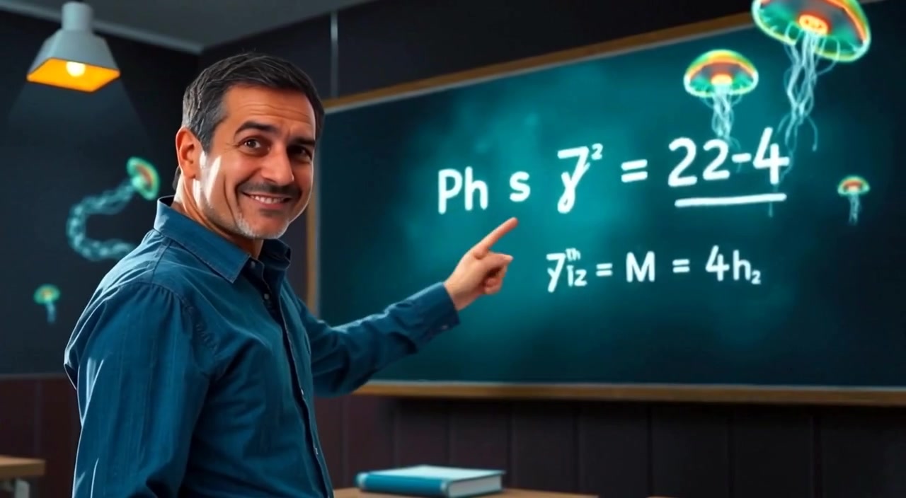 The man gestures towards a chalkboard, guiding students through a complex physics equation with a warm smile.