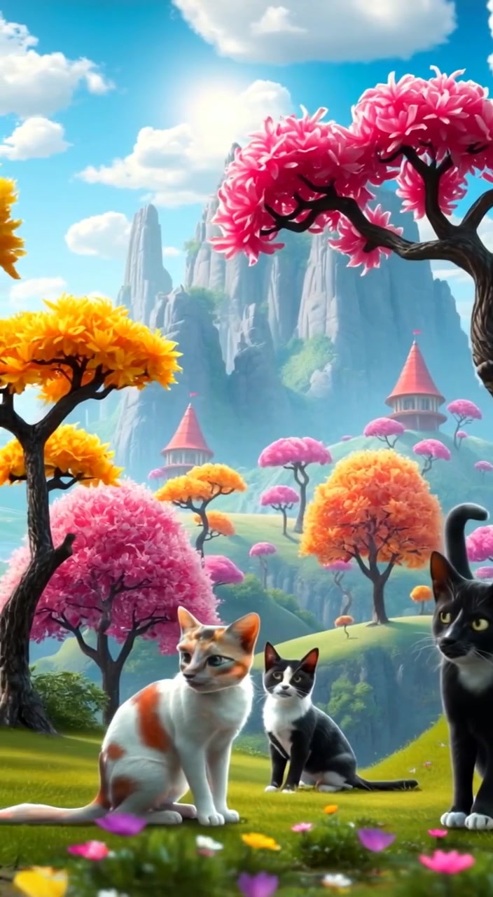 A gentle breeze makes colorful leaves dance among the whimsical mountains in the magical landscape of Kerajaan Tubuh.