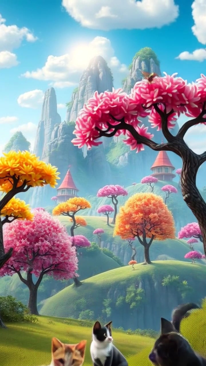 Scene: A magical landscape of Kerajaan Tubuh, featuring colorful trees and whimsical mountains dotted around the horizon. Style: Bright, vibrant colors illuminating the scene with an enchanting atmosphere. Motion: A sweeping aerial shot glides over the landscape, smoothly transitioning from the treetops to the towering, fantastical mountains in the background.