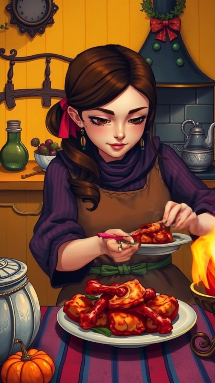A woman in traditional attire carefully stirs a plate of sizzling meat on a stovetop in a cozy kitchen. The camera performs a slow push-in as she garnishes the dish with fresh herbs, capturing the warmth of the scene with soft ambient lighting.