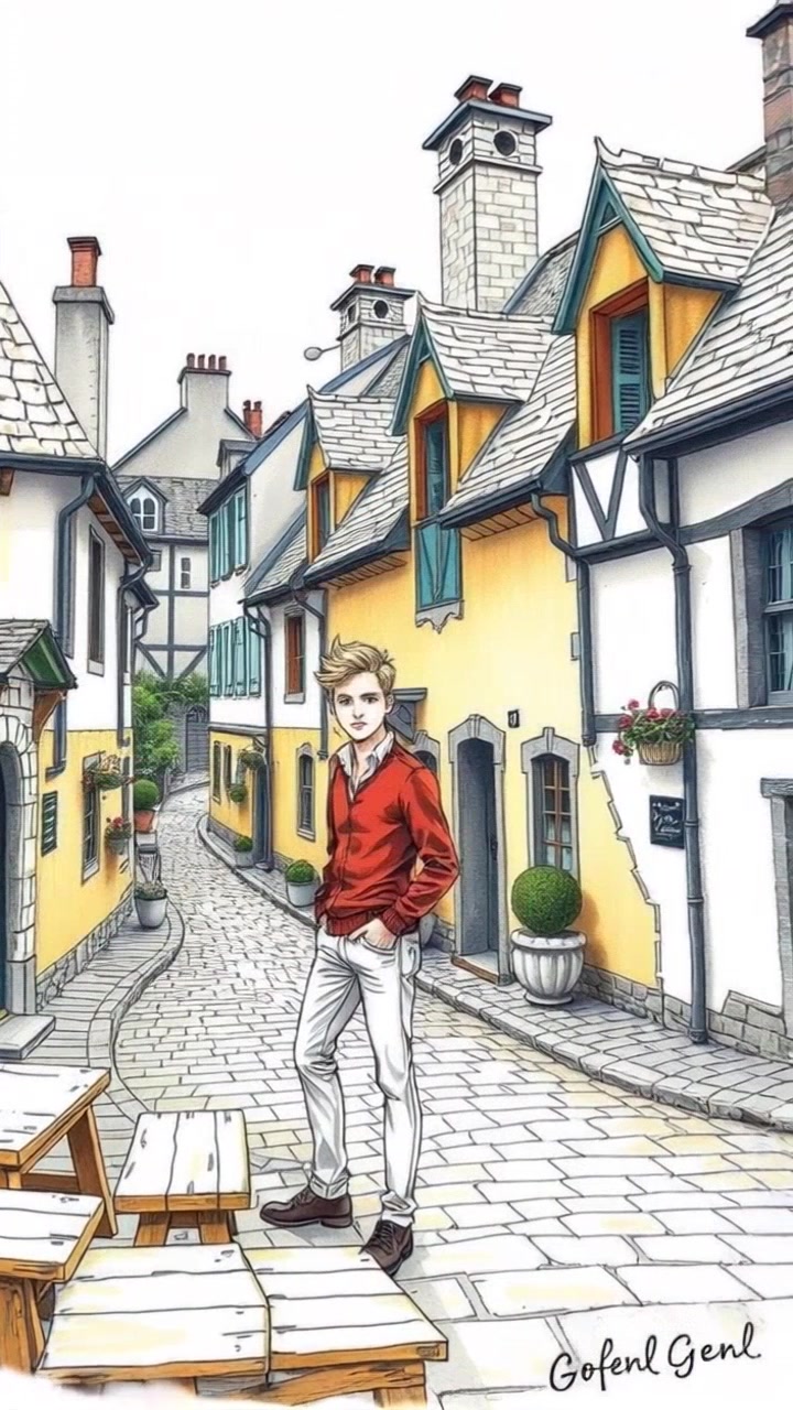 A young boy with messy hair and a striped shirt looks around with curiosity in a picturesque village with cobblestone streets and quaint cottages. Slowly track towards the boy as he gazes at the charming surroundings. Camera slowly zooms out to showcase the idyllic village setting. Soft, golden hour lighting enhances the warm and inviting atmosphere.