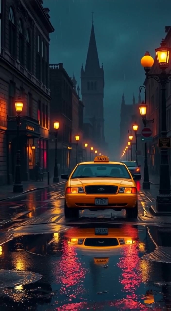 A yellow taxi glides smoothly through a dark, rainy street, splashing water from puddles reflecting glowing streetlights.