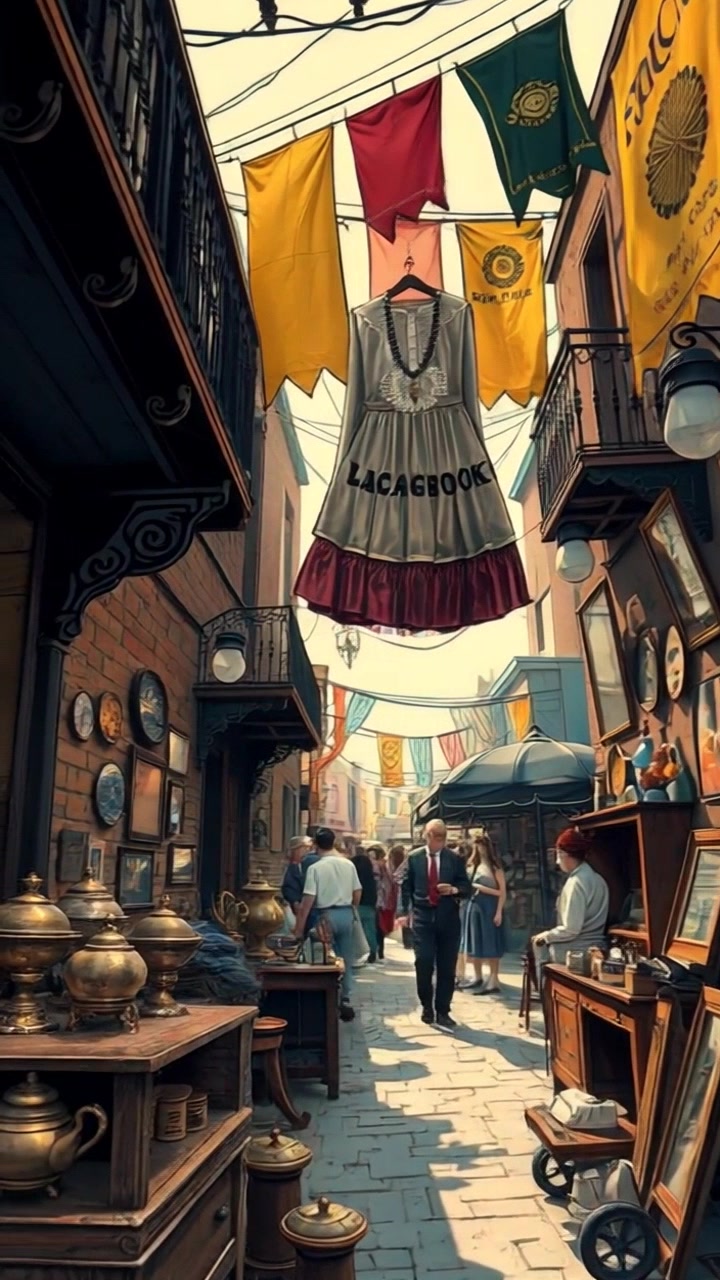 A vibrant antique shop with various old trinkets, surrounded by colorful banners in a bustling market.