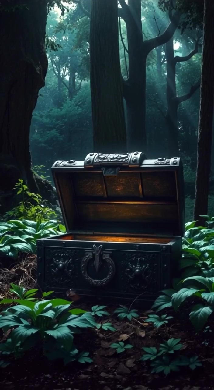 A glimmering treasure chest partially buried in the forest floor, surrounded by lush vegetation.