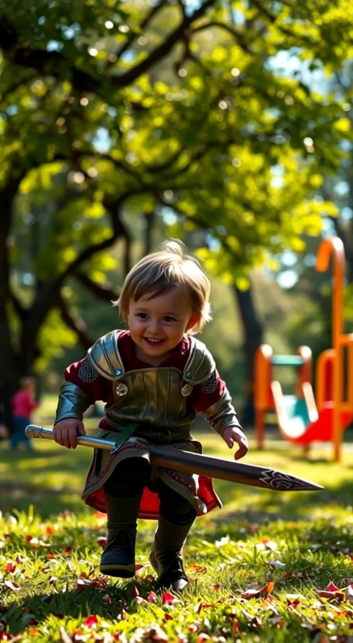 The child joyfully swings back and forth, laughter echoing softly in the colorful park surrounded by lush trees.