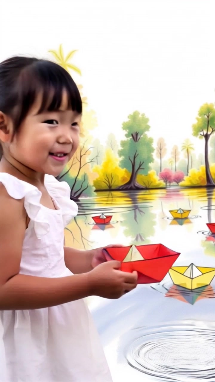 Subject: A little girl playfully floating paper boats on a calm lake. Subject movement: The girl gently bends down to place a paper boat in the water, then straightens up with a joyful smile. Scene: Serene lake surrounded by lush green trees, reflecting the clear sky. Style: Soft, ambient lighting creating a tranquil atmosphere. Motion: Camera captures a smooth, close-up shot as the girl releases the boat, then slowly pans out to reveal the peaceful scenery.