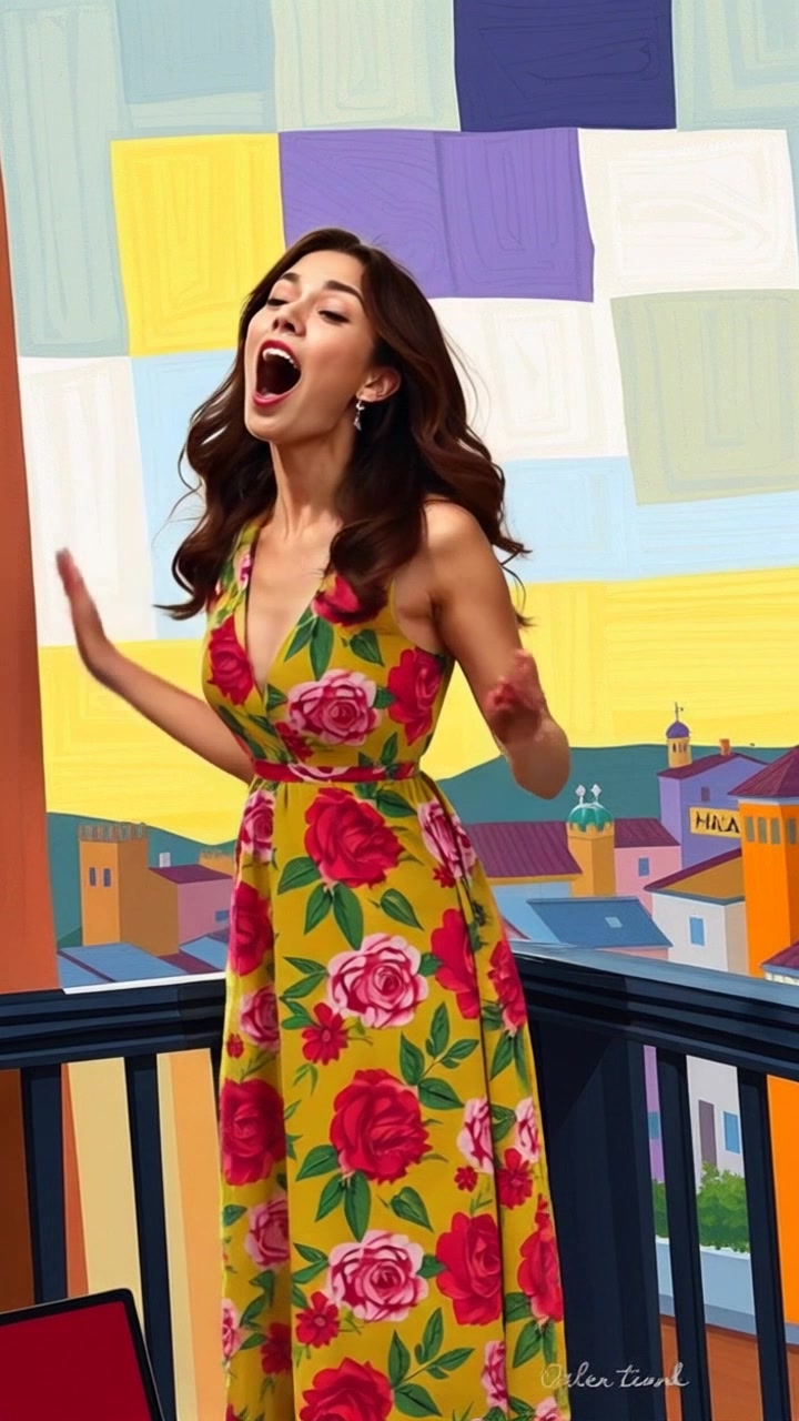 Subject (Build: Slender, Hairstyle: Long and flowing, Clothing: Floral dress, Facial features: Expressive, Body posture: Excitedly shouting) + Subject movement (Shouting excitedly) + Scene (Balcony overlooking a sunset) + Camera language (Slow zoom out) + Lighting (Golden-hour sunlight) + Atmosphere (Energetic and vibrant)