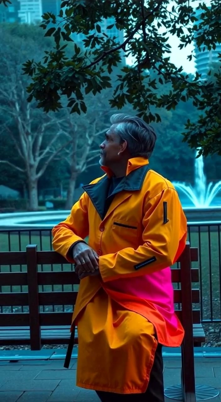 The man sits quietly, glancing around at gently swaying trees and a bubbling fountain in the tranquil park.