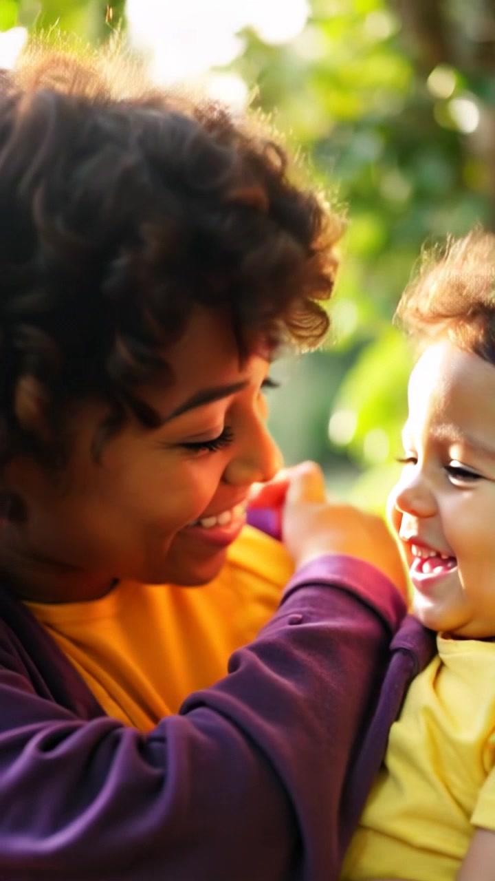 Subject: A mother enveloping her child in a loving embrace, both radiating warmth and affection. Subject movement: The mother gently sways, cradling the child while sharing joyful laughter. Scene: A peaceful garden setting filled with soft sunlight filtering through lush green leaves. Style: Warm, golden lighting enhances the tender moment, creating an inviting atmosphere. Motion: The camera tracks in slowly, capturing the intimate connection between them, before slightly pulling back to reveal the serene surroundings.