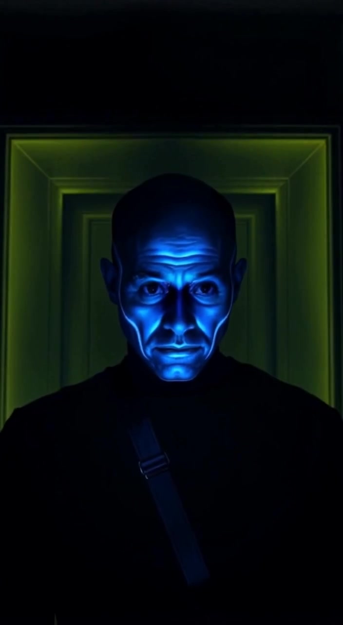 The masked figure gently reaches for the door handle, eyes fixed on the threshold beyond.