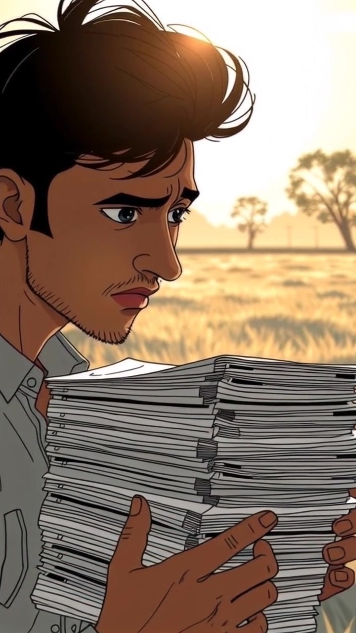 A close-up of Arjun's worried face, brows furrowed, as he stares at a stack of ungraded papers.