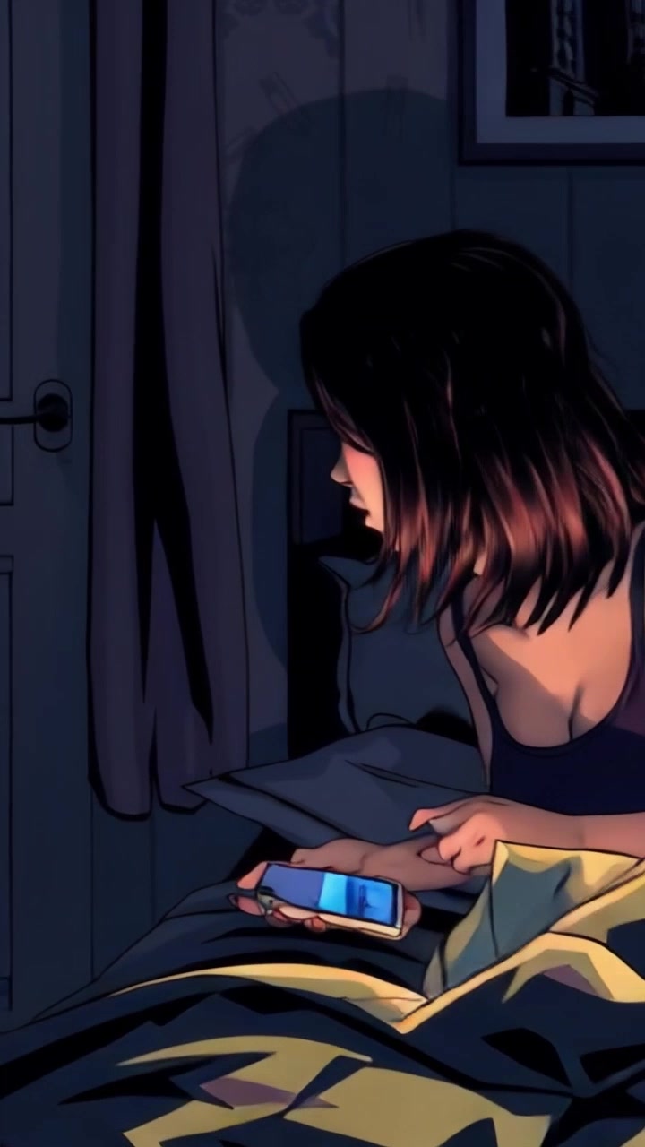Rina shifts her gaze from her phone to the bedroom door, her expression morphing from surprise to curiosity. The camera smoothly dollies in on Rina to capture her subtle reactions in the dimly lit bedroom setting, creating a suspenseful and intimate atmosphere.