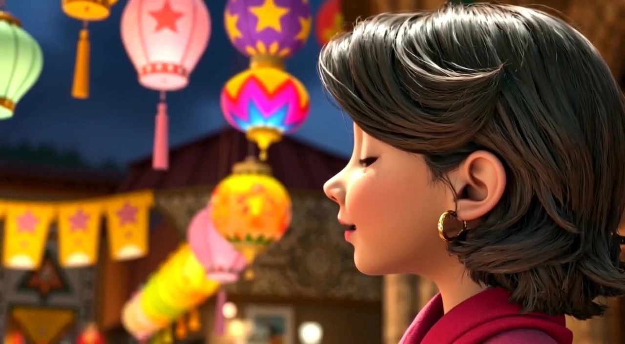 The woman gently reaches out to touch a vibrant lantern swaying in the soft breeze.