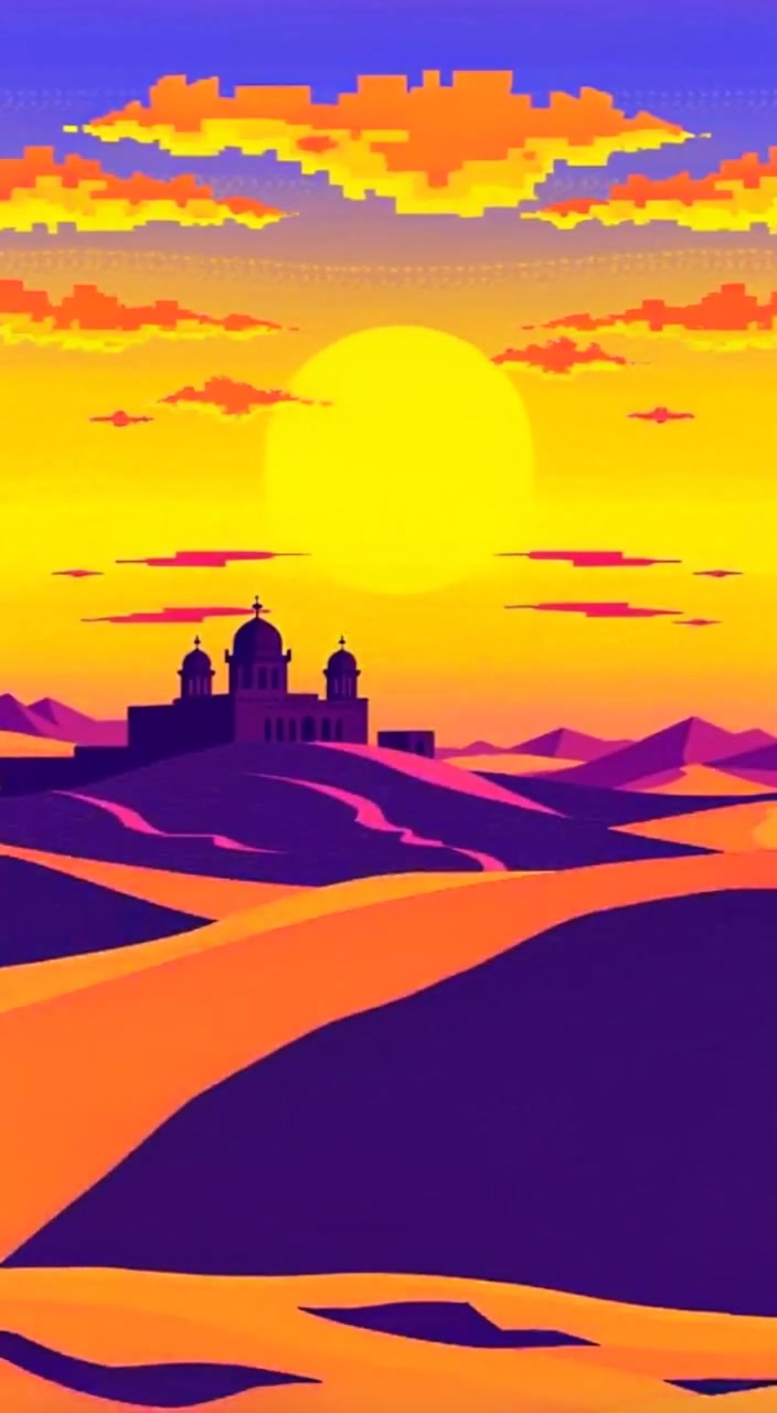 The golden sun sets gently behind the sand dunes, casting long shadows and illuminating the vibrant Moroccan sky.
