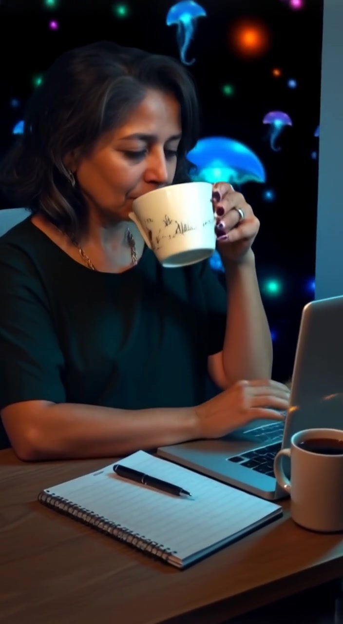 The woman gently sips coffee while writing notes with a pen, focused on her laptop screen.