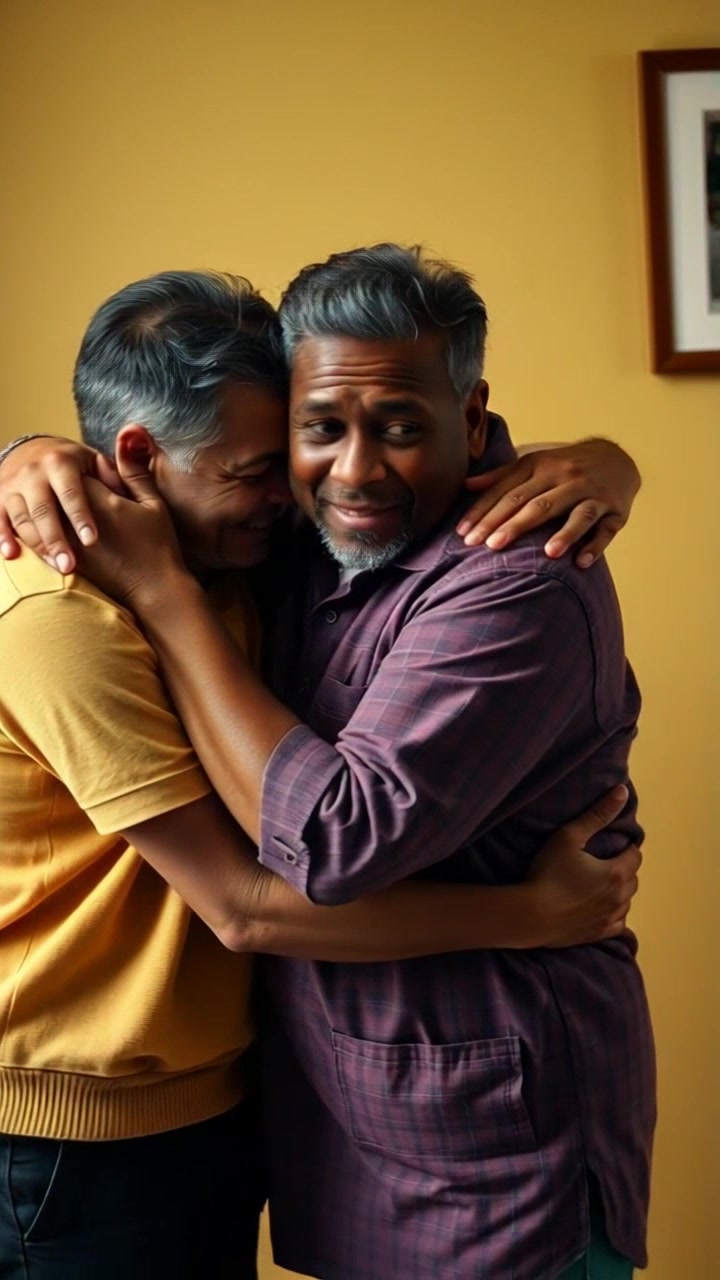 Subject: Adult children sharing a comforting group hug. Subject movement: They sway gently while embracing, radiating warmth and affection. Scene: An intimate setting filled with soft, inviting light, creating a cozy atmosphere. Style: Ambient lighting enhances the emotional connection, casting gentle shadows. Motion: Handheld camera captures the tender moment from various angles, slowly moving in to highlight their expressions and the warmth of the embrace.