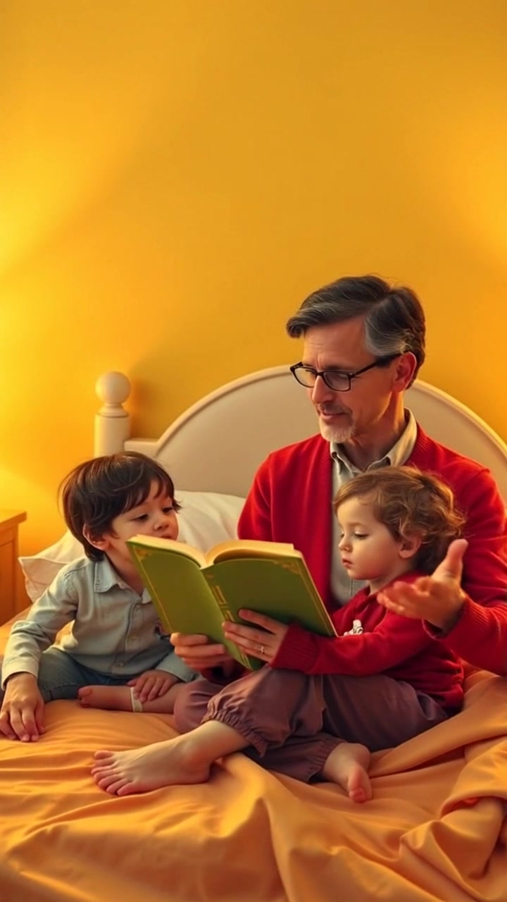 Scene: A peaceful bedroom scene with a father reading a bedtime story to his children, surrounded by soft toys and a cozy atmosphere. Style: Warm, inviting lighting creating a gentle glow throughout the room. Motion: Camera gently pushes in from the doorway, capturing the tender moment as the father animatedly gestures while reading, with the children enraptured by the story.